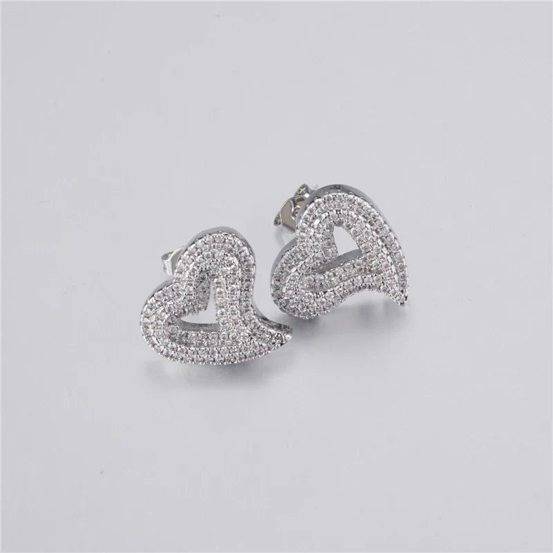 Heart Shape Pave Baguette Earrings - Silver