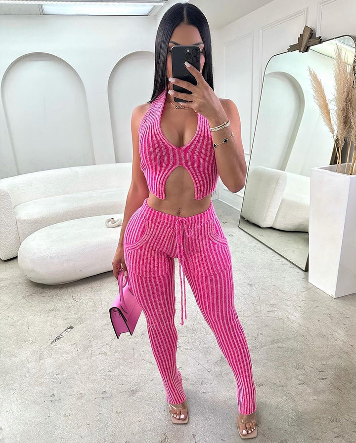 Raspberry Knit Pants Set - Pink