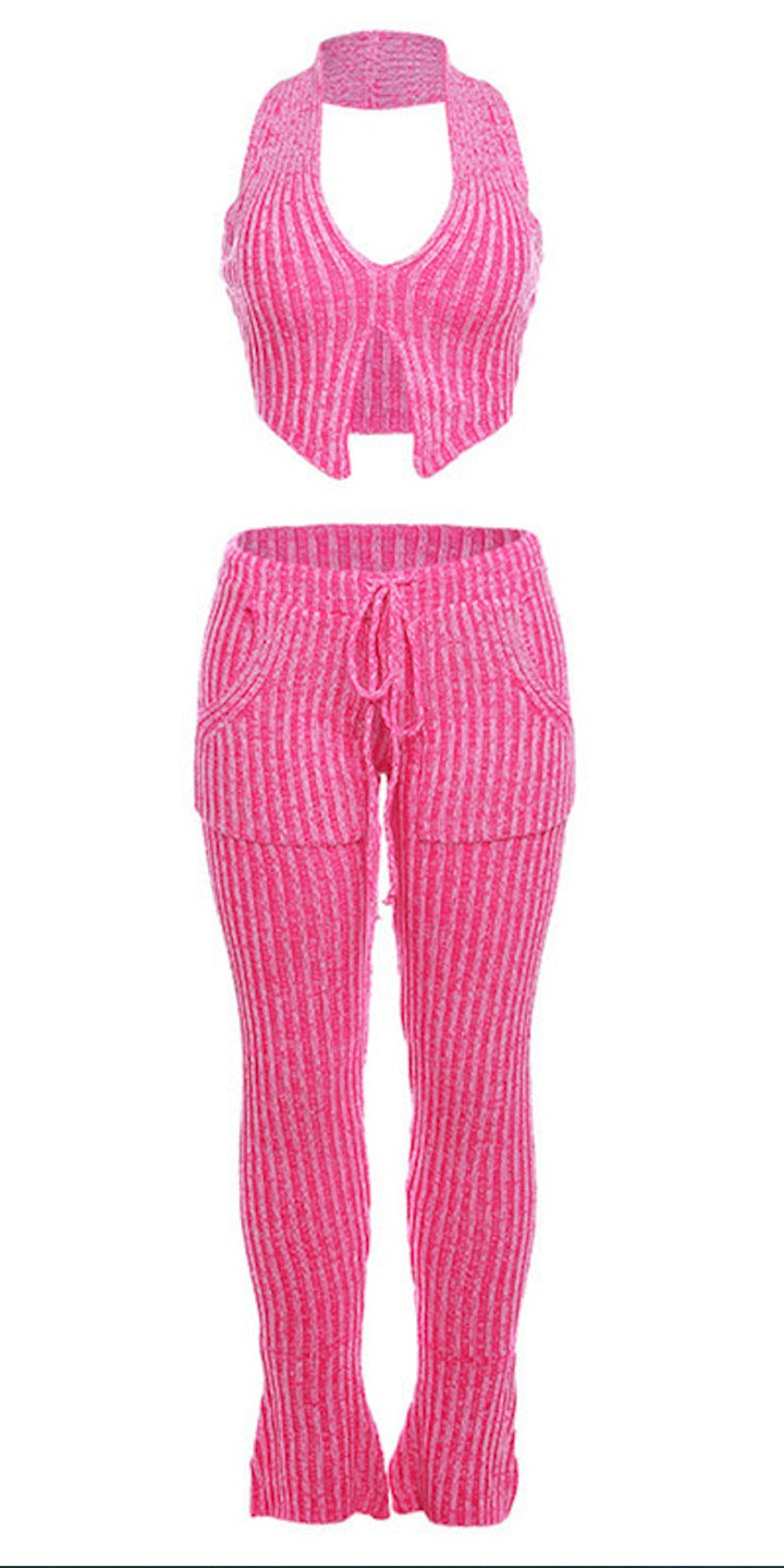 Raspberry Knit Pants Set - Pink