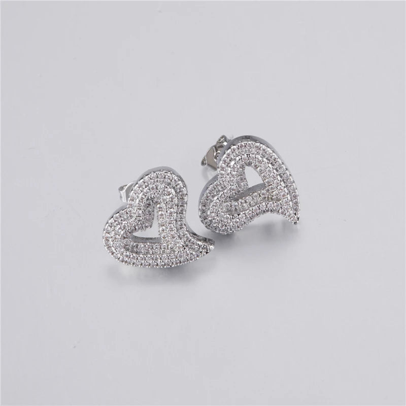 Heart Shape Pave Baguette Earrings - Silver