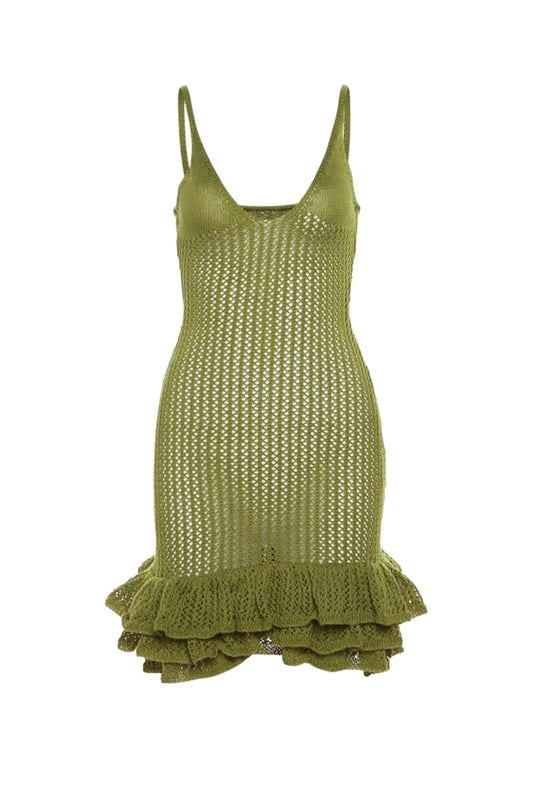 Sarai Ruffles Crochet Knit Dress - Green